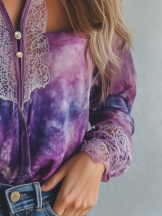 Vintage Tie-Dyed Chiffon Lace Trim Shirt