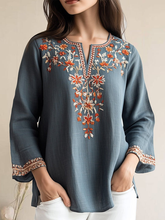 Bohemian Chic Embroidered Tunic Cotton and Linen Blouse