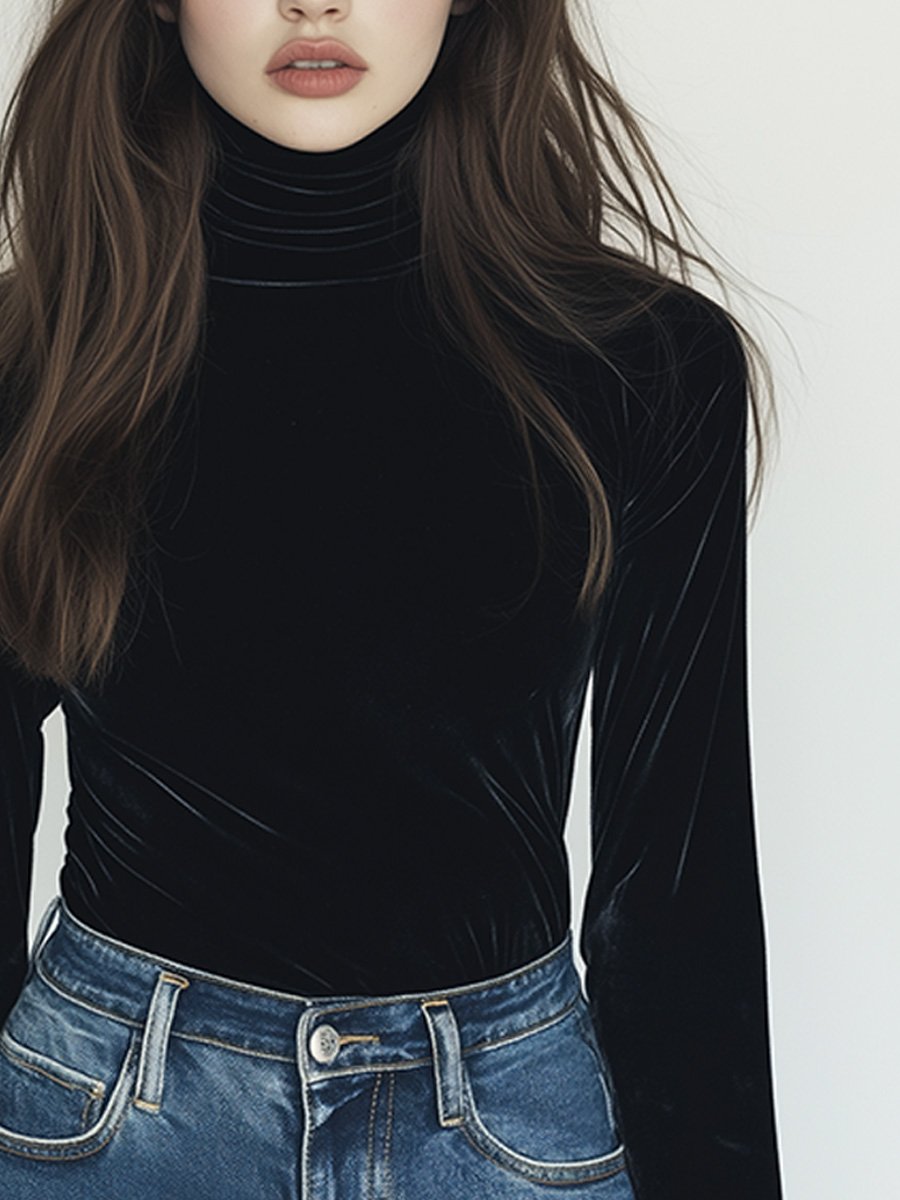 Black Vintage Velvet Slim Turtleneck Shirt