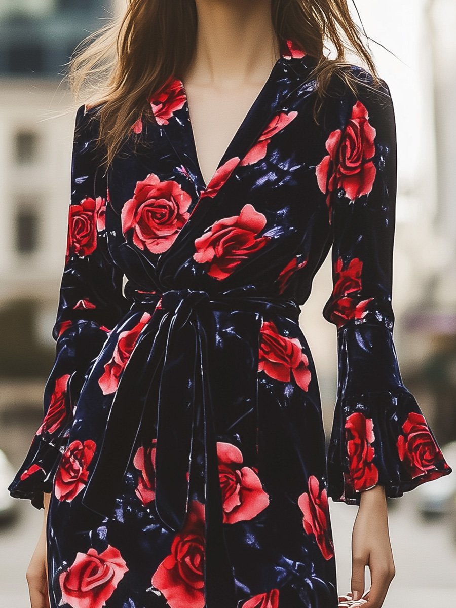 Casual Vintage V-Neck Velvet Rose Print Midi Dress