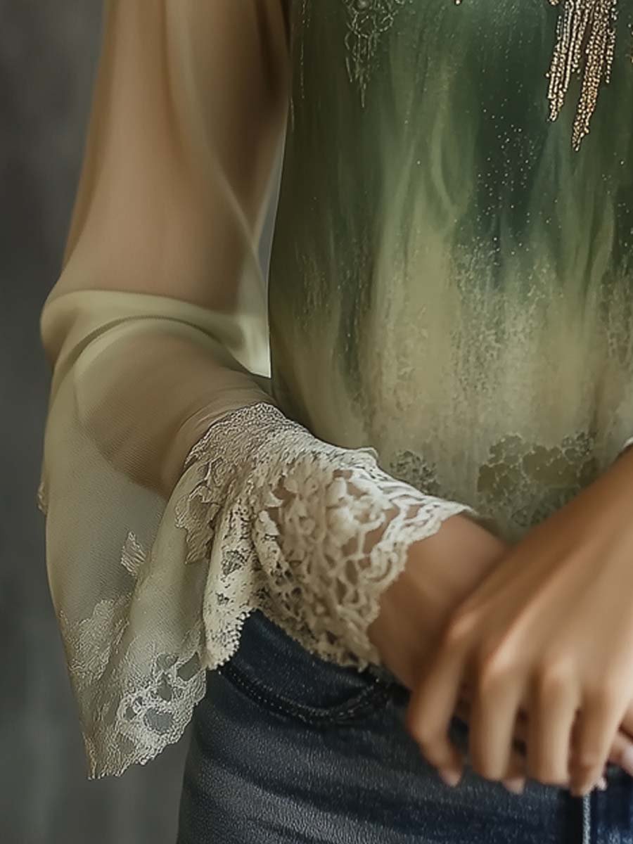 Fluid Painting Lace Sheer Sleeves Blouse