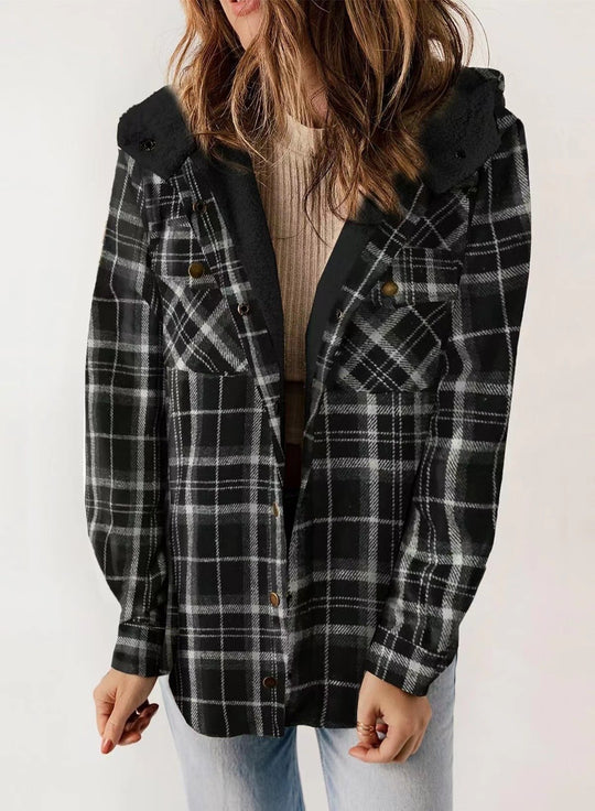 Retro Plaid Woolen Lamb Fleece Lined Thickened Hoodie Jacket