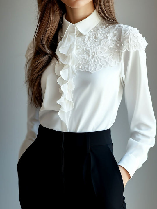 Lace Floral Lace Patchwork Pearl Chiffon Shirt