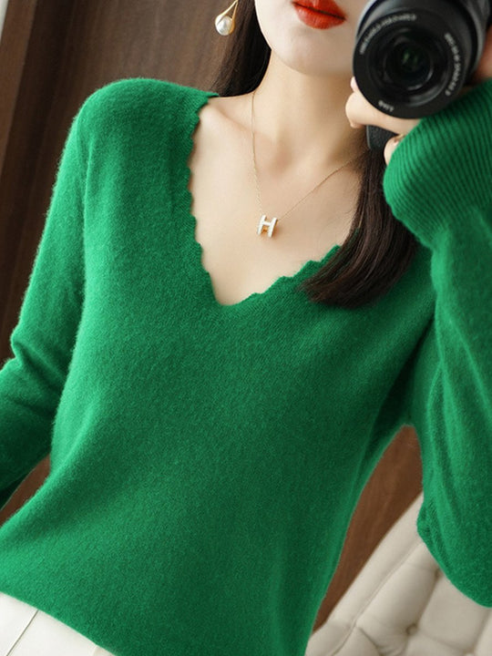 Elegant Lace V-Neck Pullover Warm Solid Color Sweater