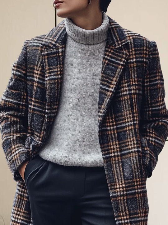 Trendy Lapel Plaid Mid-Length Wool Coat