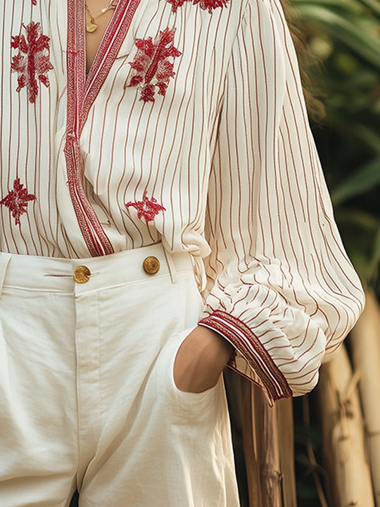 V-Neck Bohemian Striped Embroidered Cotton and Linen Blouse