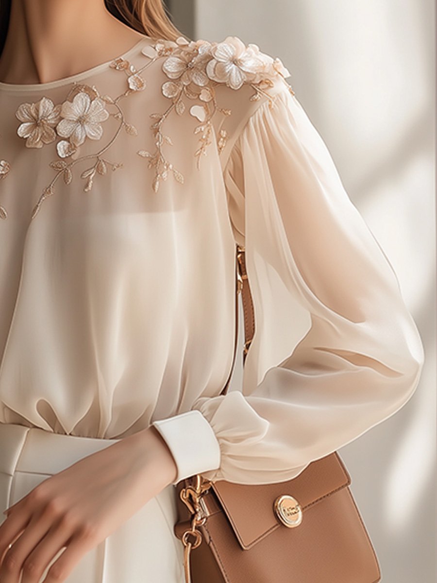 Elegant Floral Patch Sheer Shirt