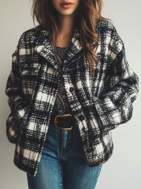 Casual Retro Lapel Plaid Pocket Coat