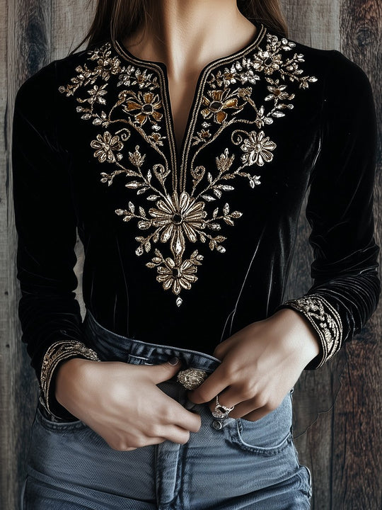 Retro Golden Embroidery V-neck Velvet Long Sleeves T-shirt