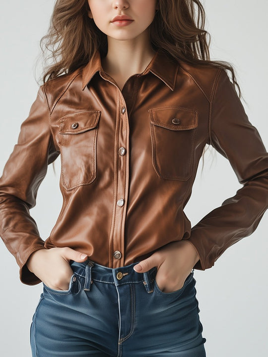 Brown Vintage Pocket Button Leather Shirt