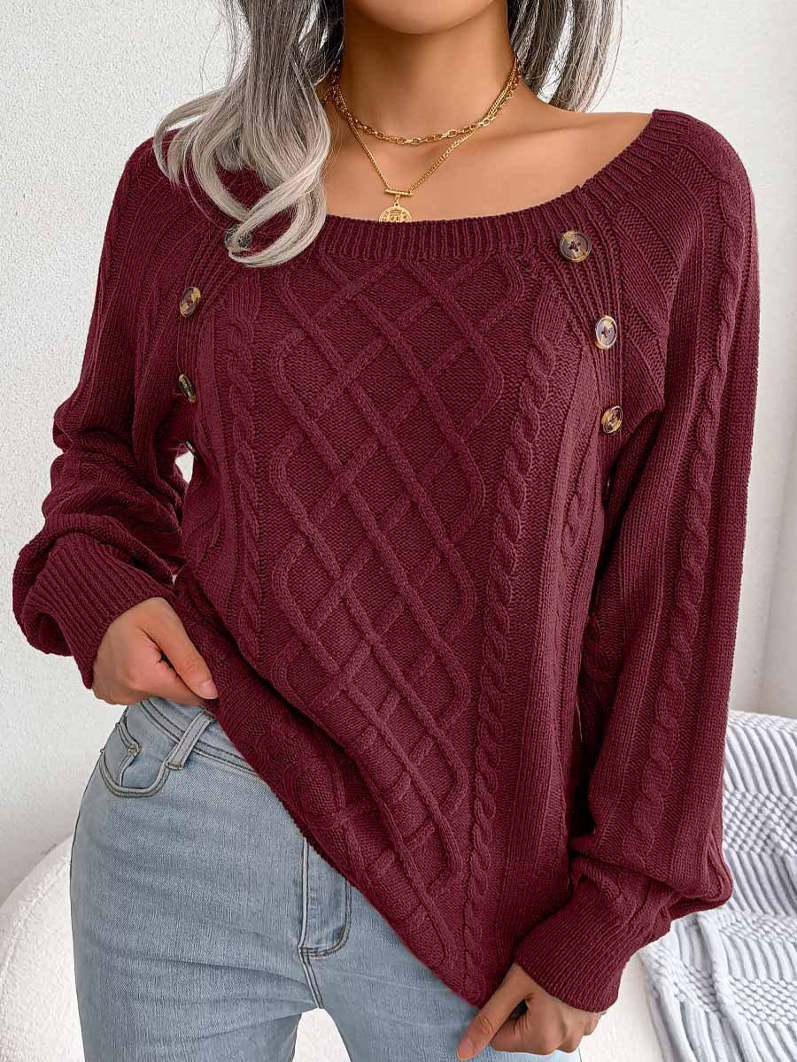 Square Neck Button Cable Knit Pullover