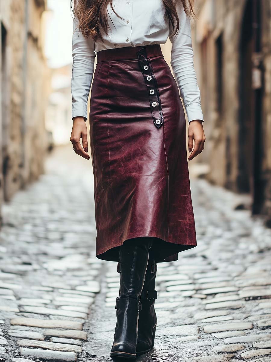 Women's Button Vintage Leather Skirt