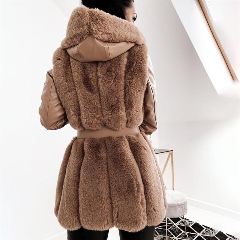 Hooded Solid Zippered Belt Faux Fur Coat Jacket