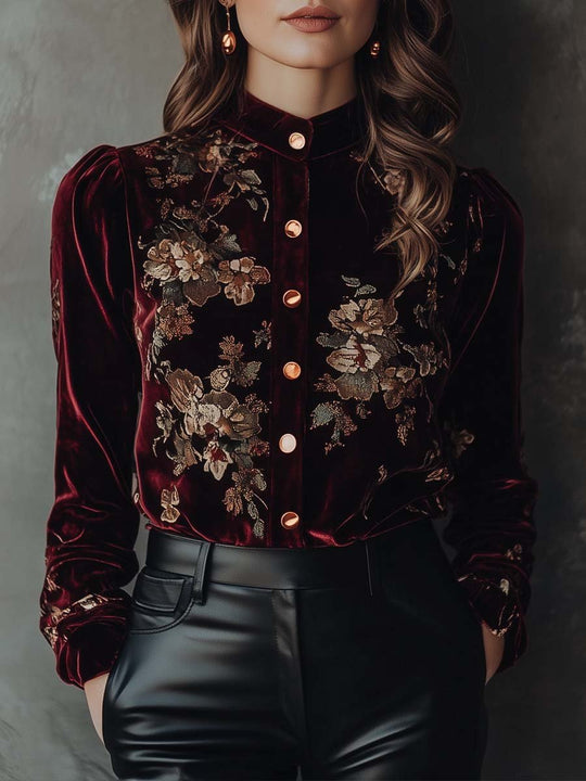 Women's Vintage Long Sleeve Printed Velvet Blouse