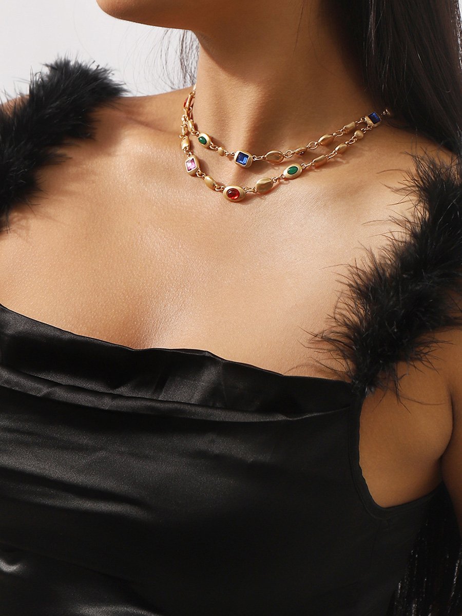 Vintage Trendy Ethnic Style Double-layer Necklace with Diamonds