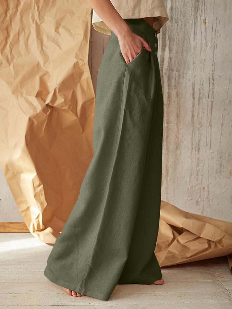 Women's High Waist Casual Button Cotton Linen Wide Leg Pants