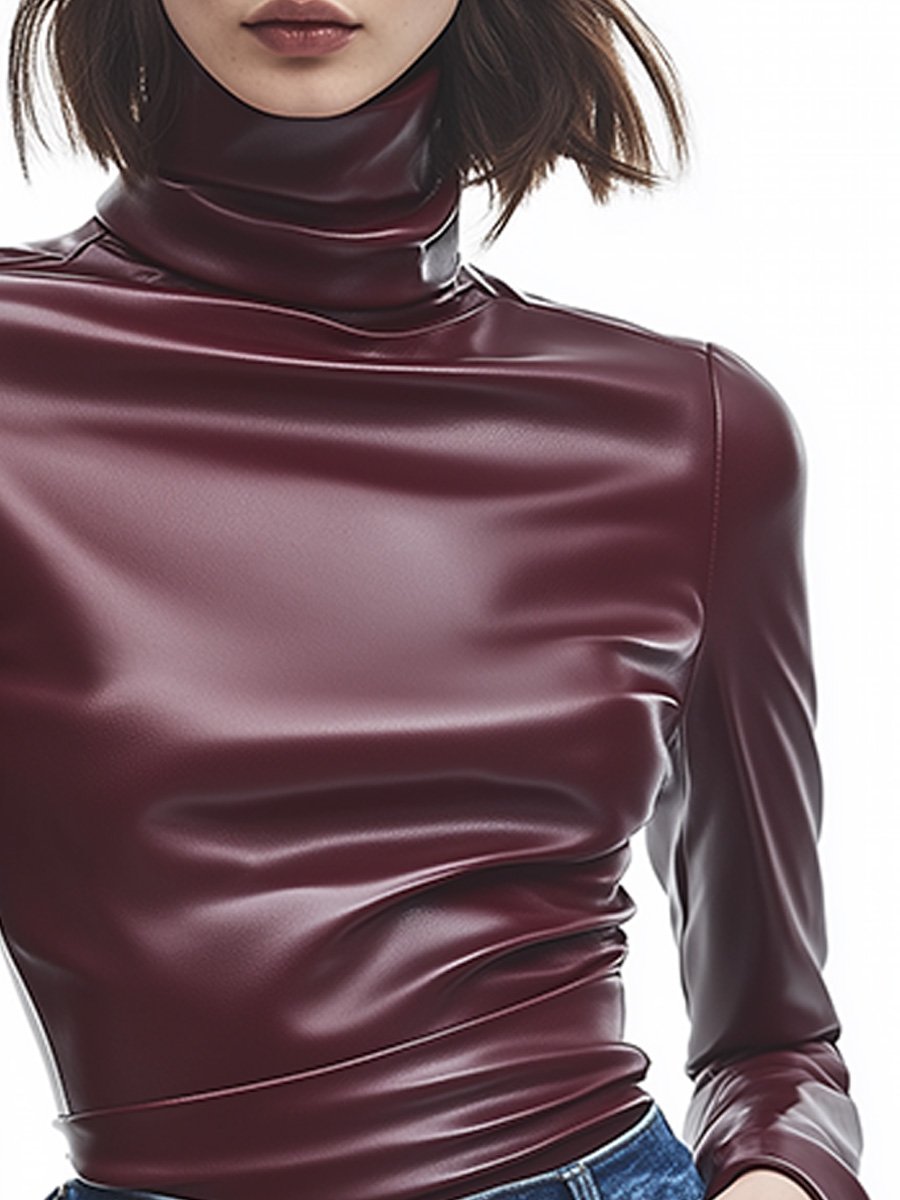 Stylish Turtleneck Red Casual Leather Shirt