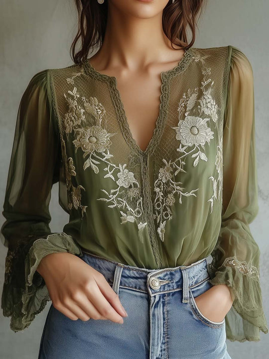 Olive Green Embroidered Lace Blouse