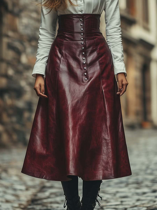 Vintage High Waist Buttons Leather Skirt