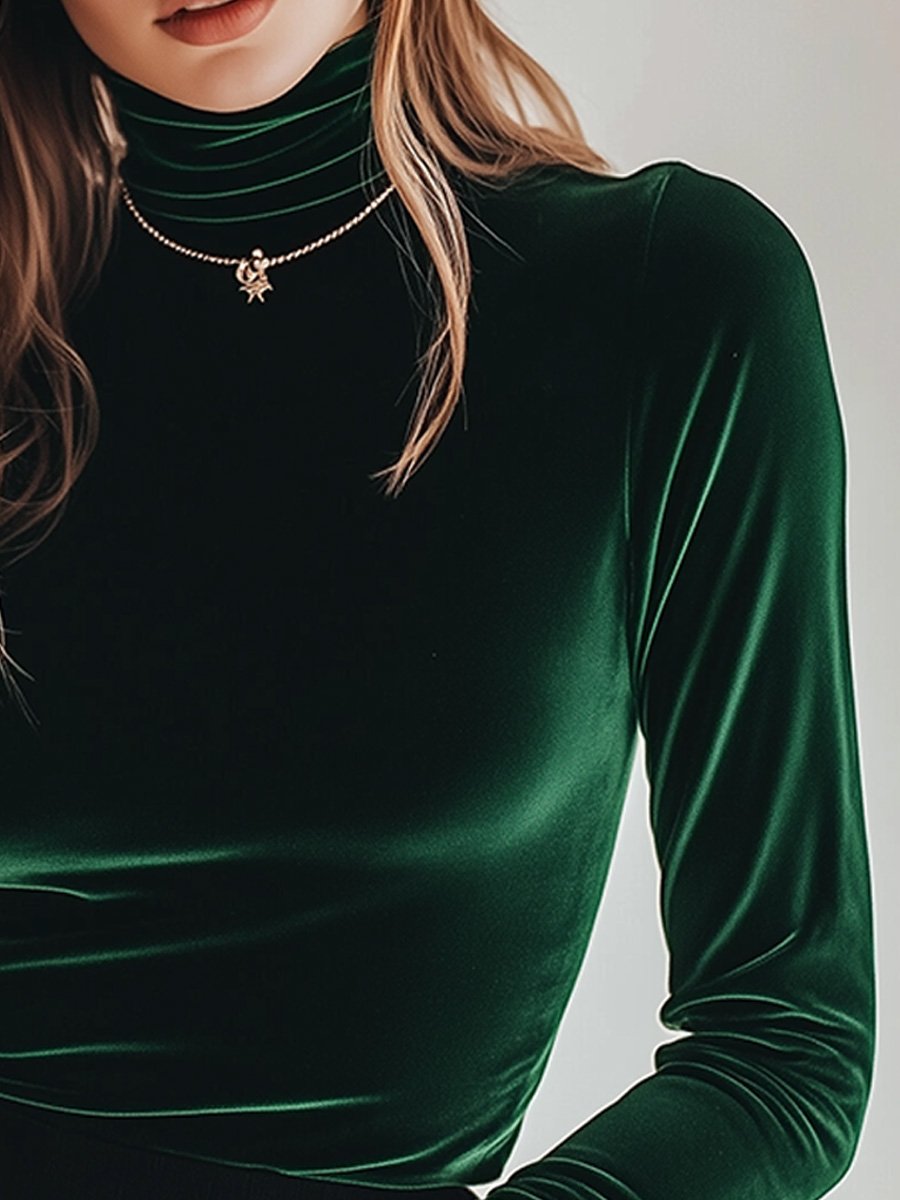 Green Vintage Velvet Turtleneck Stretch Bottoming Shirt