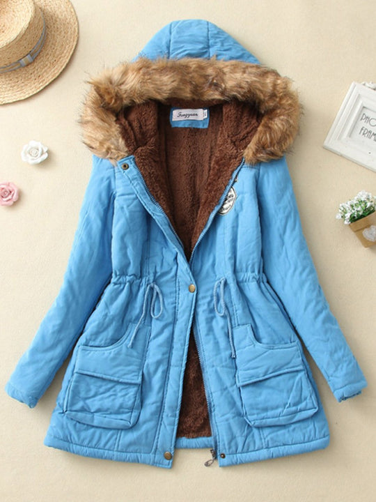 Casual Fur Collar Lambskin Plus Velvet Thickened Loose Mid-length Cotton Coat