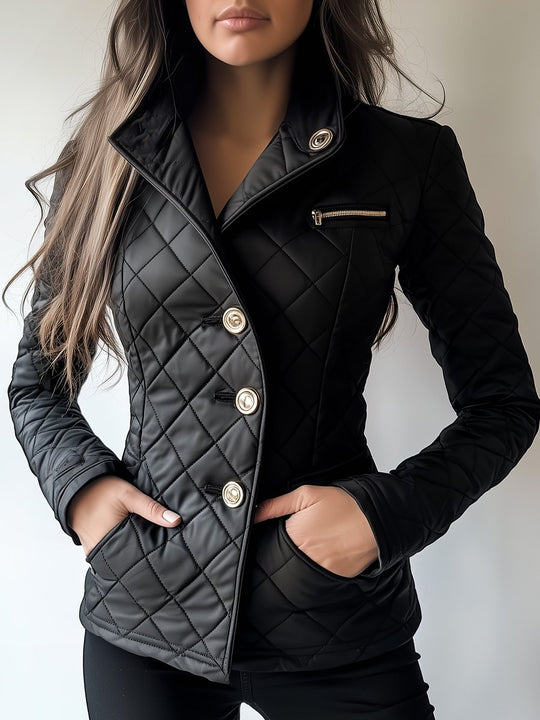 Chic Waist-cinched Button Down Diamond-quilted Jacket