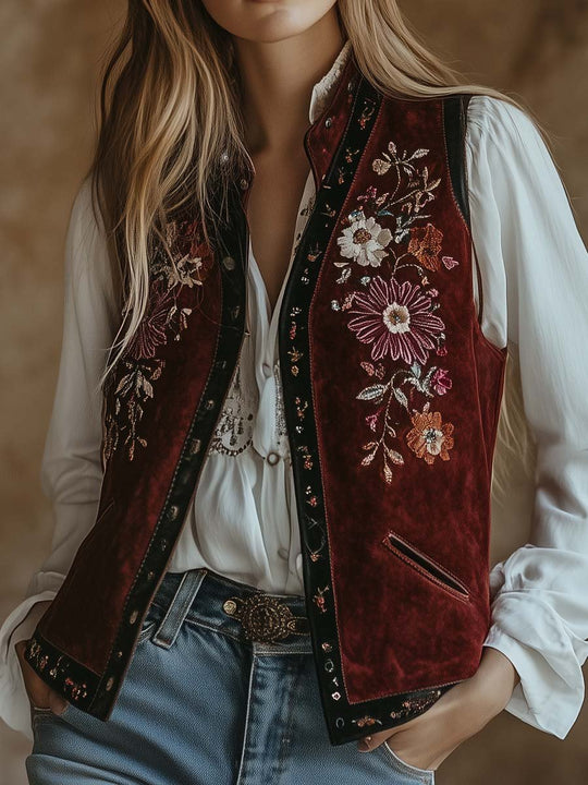 Women's Vintage Contrast Trim Embroidered Suede Vest