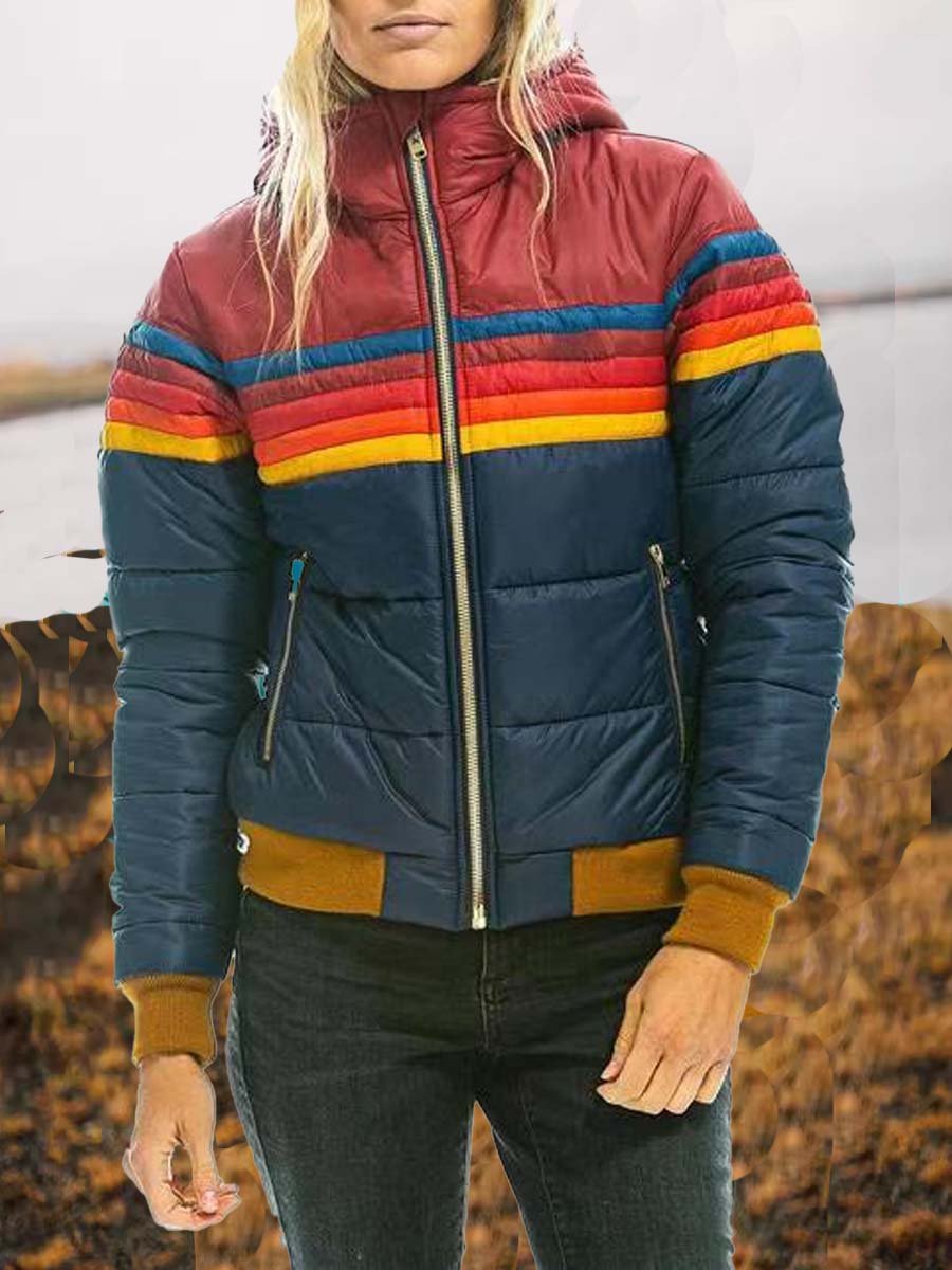 Women's Casual Hooded Rainbow Colorblock Jacket