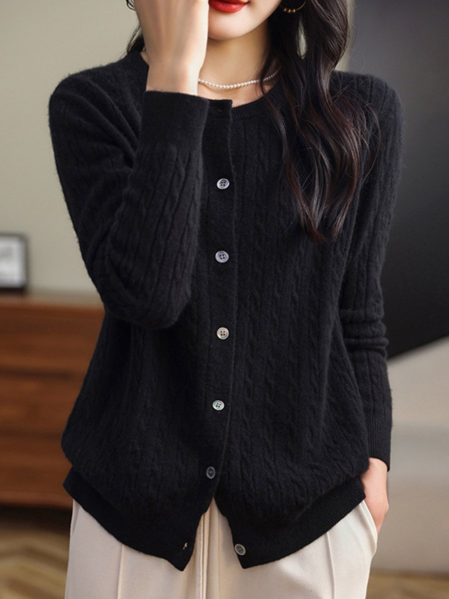 Fashion Round Neck Slim Fit Cable Knit Cardigan