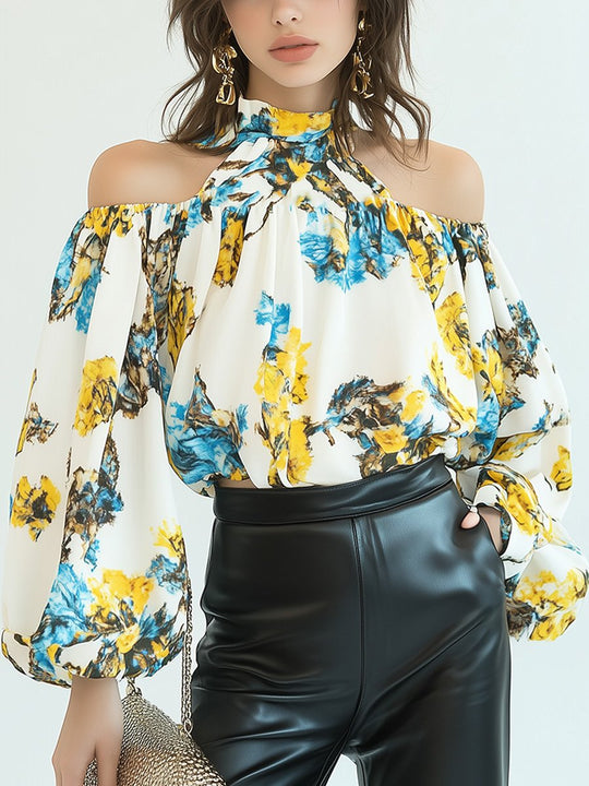 Bold Floral Off-Shoulder with Balloon Sleeves Blouse