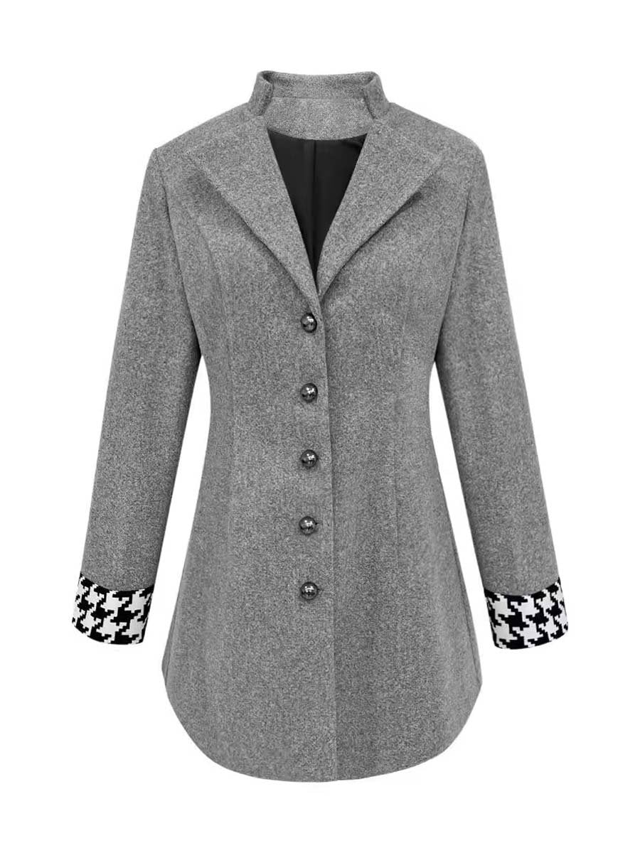 Women's Slim Fit Houndstooth Cuff Woolen Coat