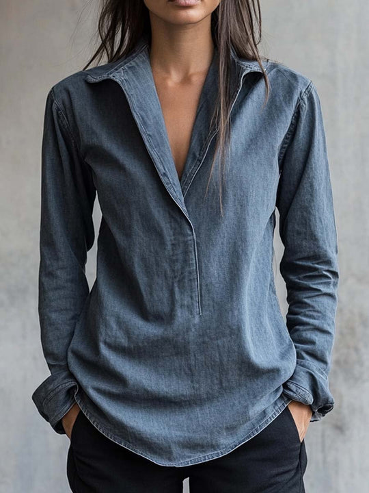 Women's Vintage V-Neck Long Sleeve Denim Shirts