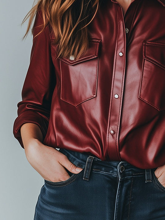 Vintage Red Lapel Button-Down Leather Shirt