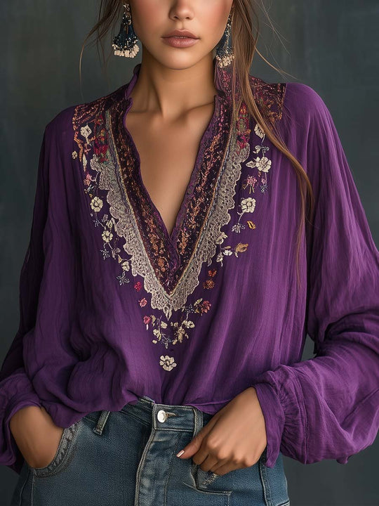 Majestic Plum Embroidered Boho-Chic Blouse