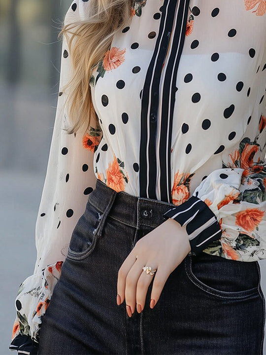 Elegant Turtleneck Polka Dot Floral Transparent Shirt