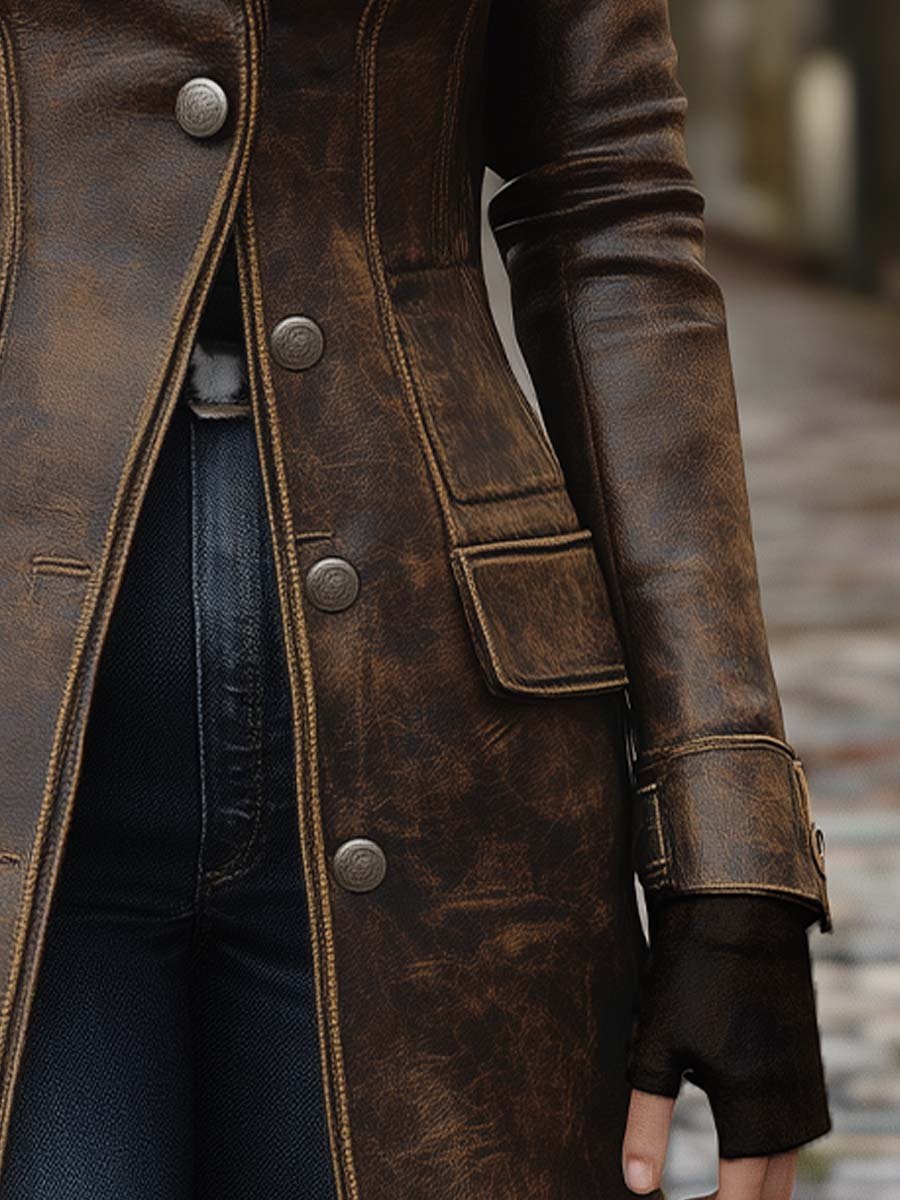 Vintage Lapel Button Leather Long Jacket