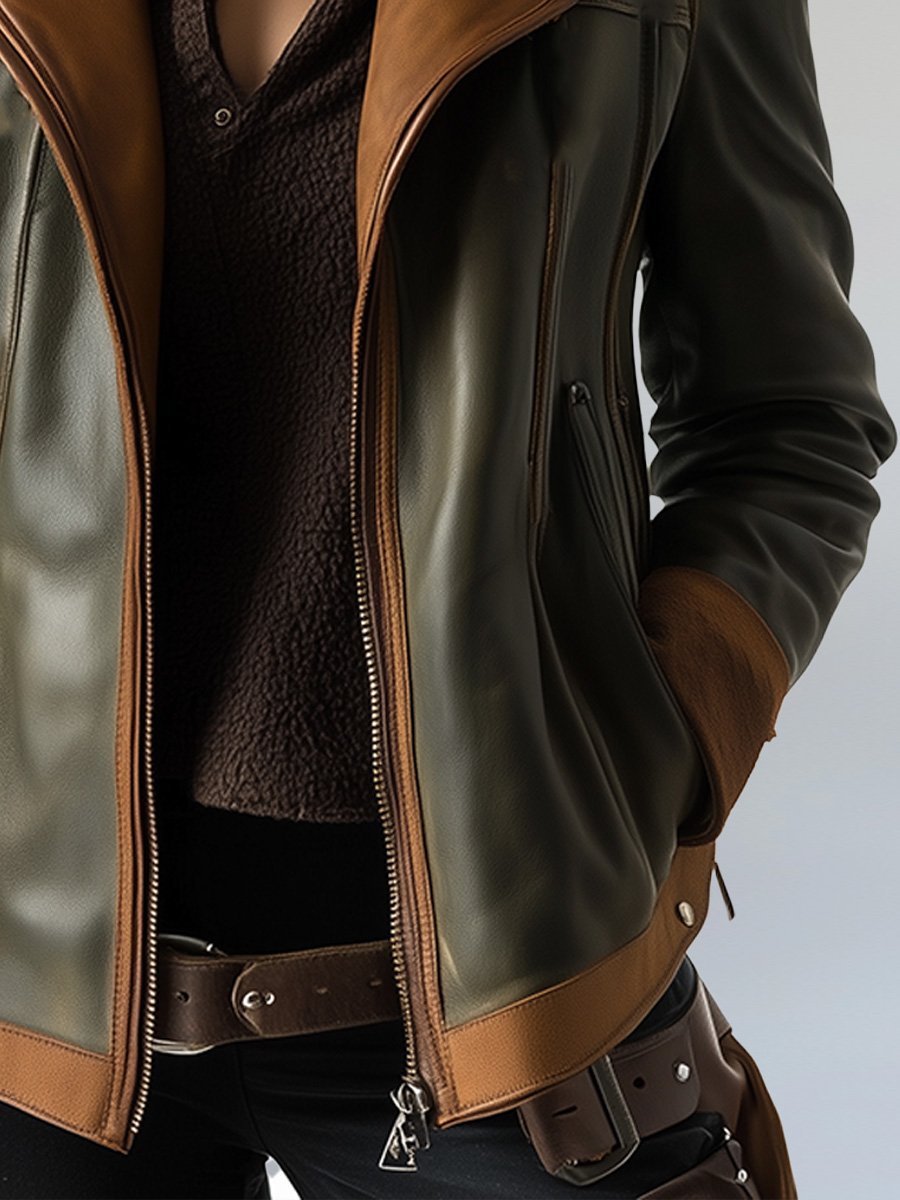 Women's Fashion Retro Colorblock Zipper Leather Jacket