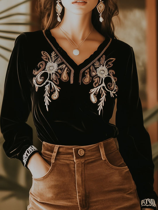 Chic Bohemian Embroidery Long Sleeves Velvet T-shirt