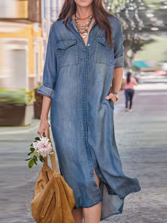 Women's Vintage Denim Long Sleeved Shirt Dress