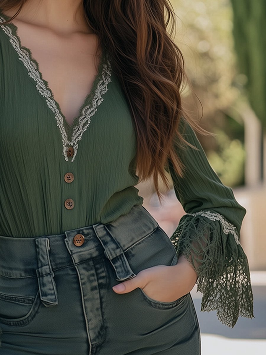 Boho Lace Bell-Sleeve Blouse