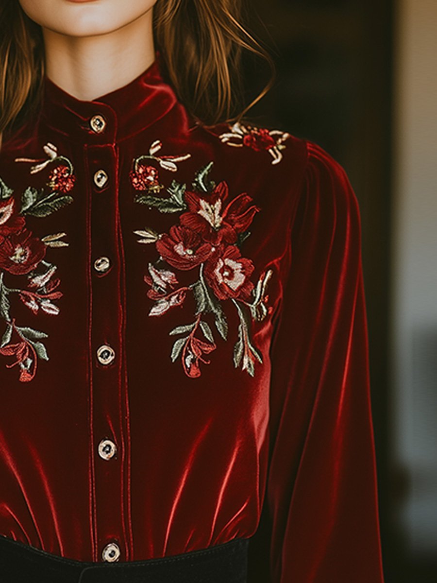 Casual Vintage Embroidered Velvet Stand Collar Shirt