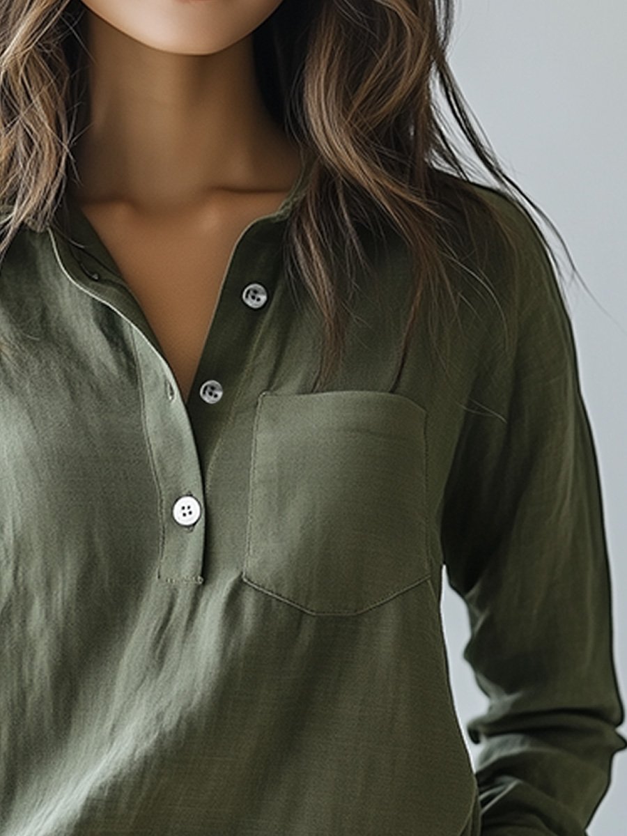 Green V-neck Cotton and Linen Pocket Everyday Long-sleeved Shirt