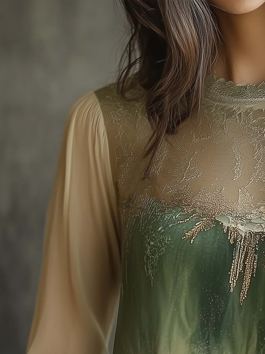 Fluid Painting Lace Sheer Sleeves Blouse