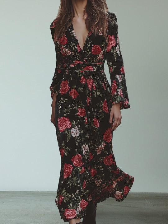 Fashion V-neck Retro Rose Print Maxi Dress