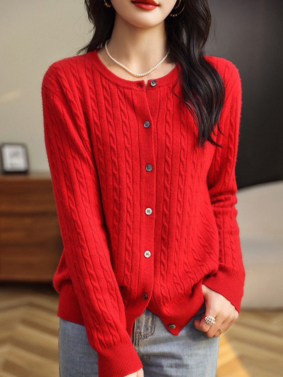 Fashion Round Neck Slim Fit Cable Knit Cardigan