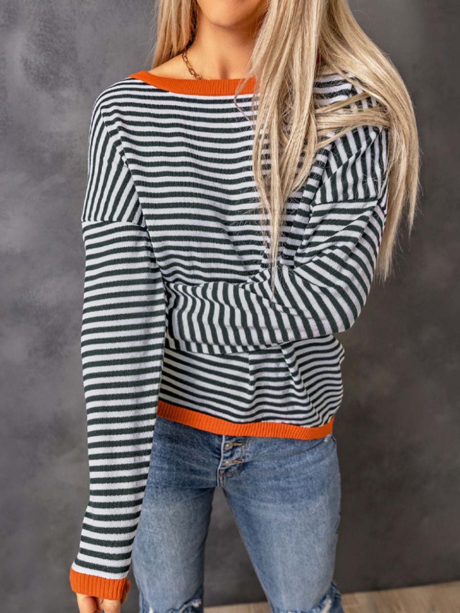 Women's Contrast Striped Dropped Shoulder Knitted Sweater