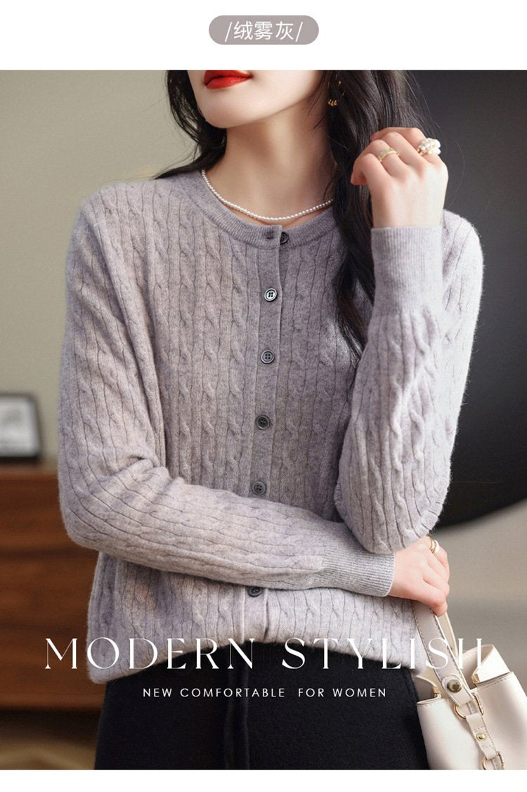 Fashion Round Neck Slim Fit Cable Knit Cardigan