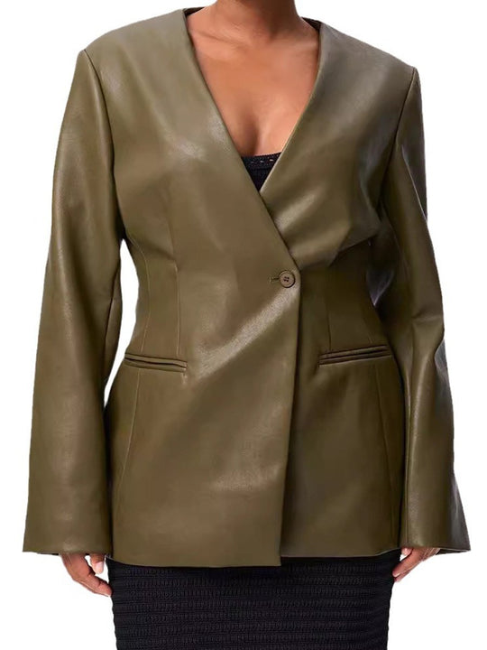 Fashionable Green V-neck Slim-fit Leather Blazer