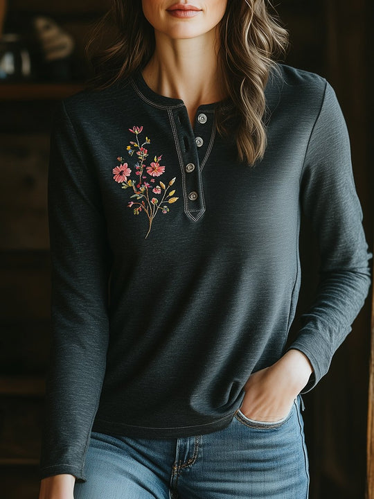 Vintage Henley Collar Flower Embroidery Long Sleeves T-shirt