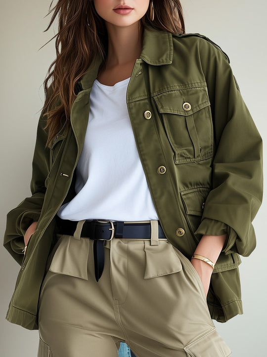 Relaxed Lapel Washed Multi-Pocket Work Jacket